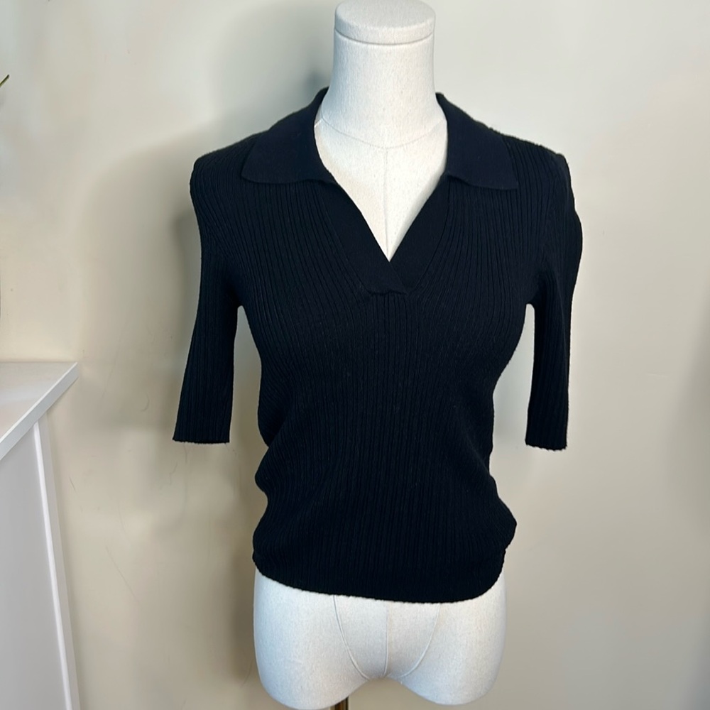 Vero Moda black v neck polo sweater shirt 1/4 length sleeve Sz Medium